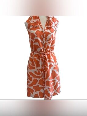 Ann Taylor Loft 100% Silk Shirt Dress 4 Orange/White Giraffe Print